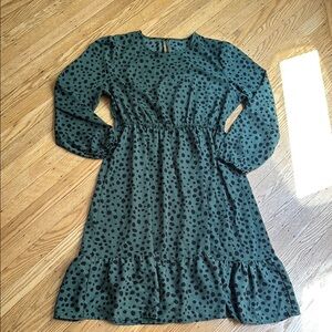 SHEIN Curve 1XL Green Polka Dot Long Sleeve Midi Dress, Ruffle Hem